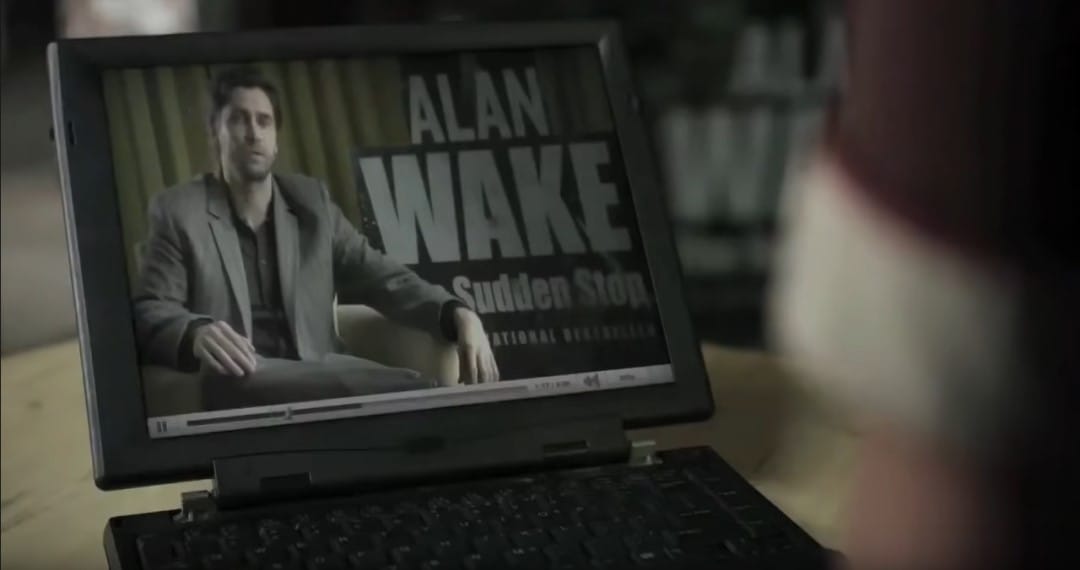 An image of a laptop with showing Alan Wake promoting his novel