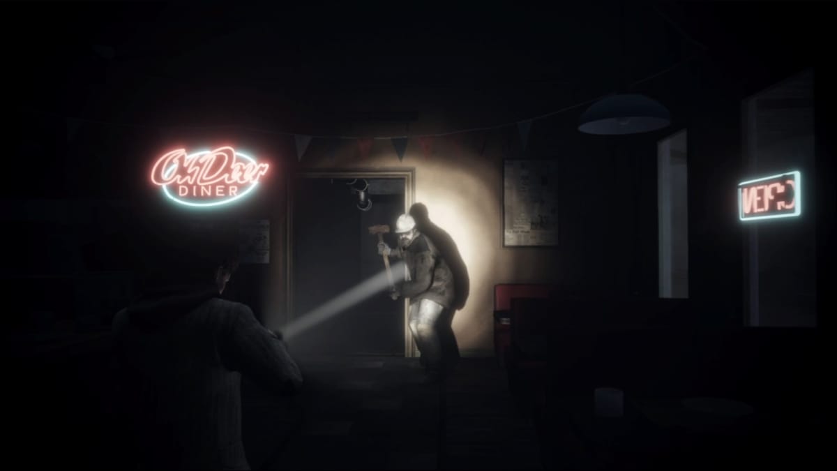 Alan aiming his flashlight at a large enemy wielding a sledgehammer
