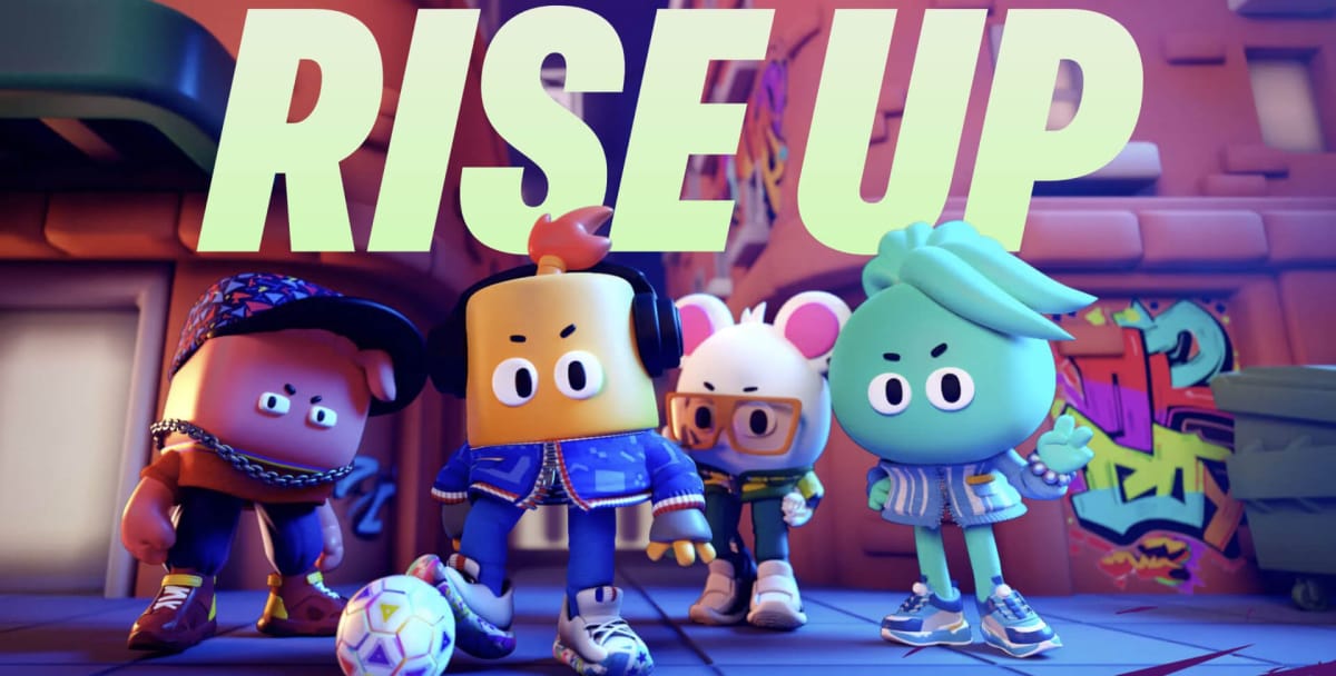 Four soccer-playing creatures under the slogan "RISE UP", advertising one of the FIFA World Cup blockchain games
