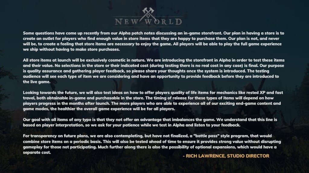 An open letter to fans from Amazon Game Studios director Rich Lawrence regarding New World microtransactions