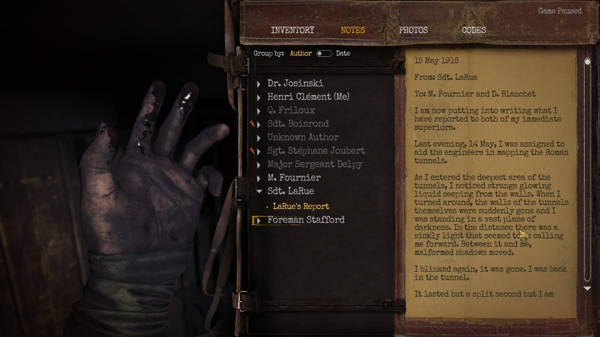 Amnesia: The Bunker screenshot showing a blood-covered hand and a journal filled with notes. 