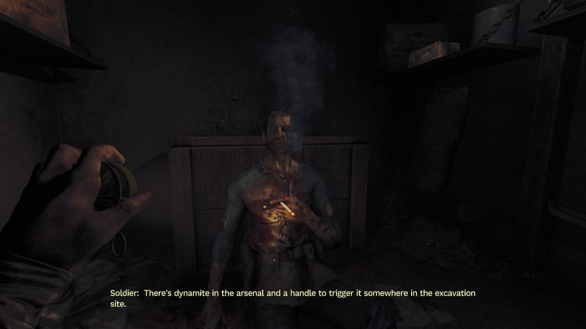 Amnesia: The Bunker screenshot showing a man smoking a cigarette in a bunker. He is grievously wounded. 