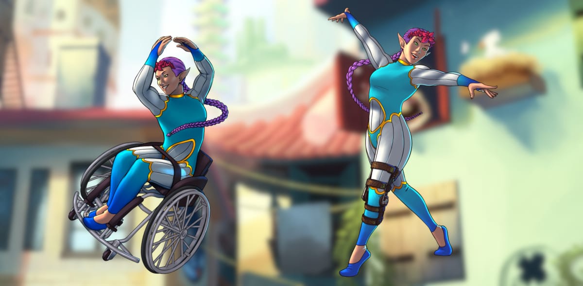 Tiernan Dree from Anansi's Tapestry of Lives being shown both in a wheelchair and in a brace dancing