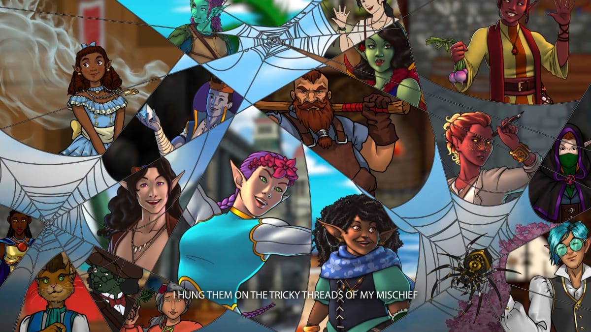 A screenshot of Anansi in their web with examples of a number of NPCs from Anansi's Tapestry of Lives