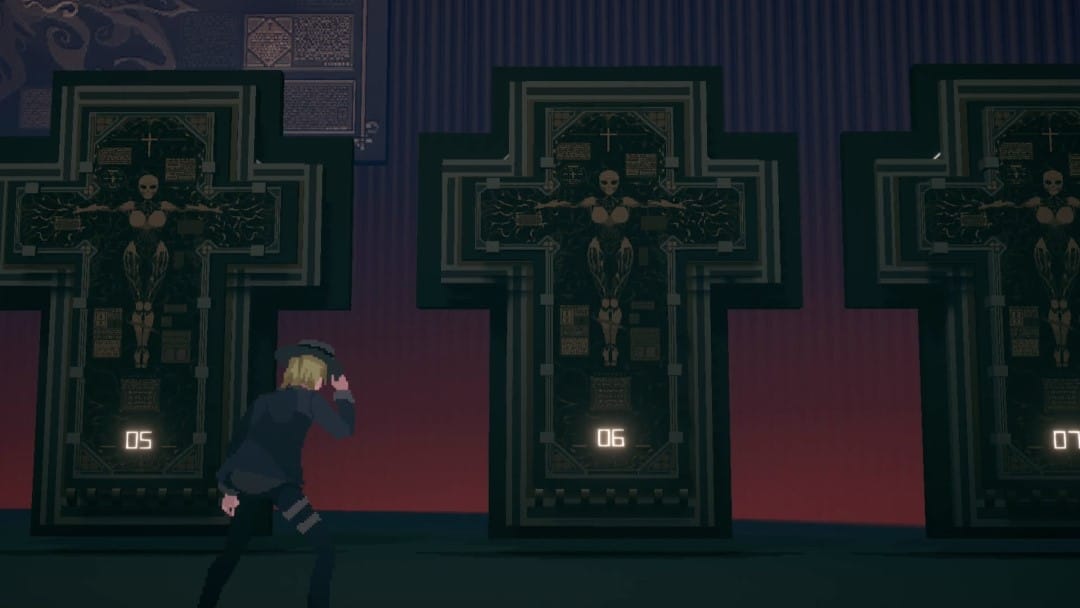 A mysterious suited man kneeling in front of a collection of giant crosses with cryptic symbols on them