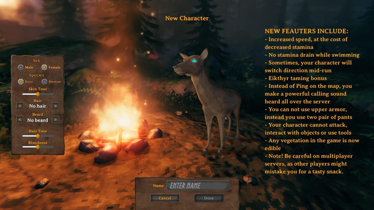 The deer species on Valheim's character select for April Fools' Day.