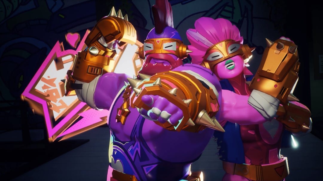 A profile image of two pink-skinned characters in riot gear