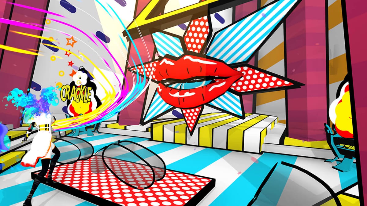 Arto release date screenshot shows off the main character in a strange world with many different colors and a vibrant pair of red lips.