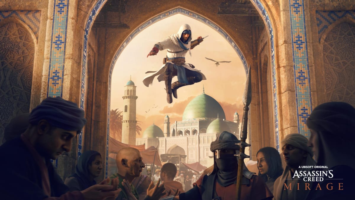 An assassin leaps into a crowd in a desert setting in Assassin's Creed Mirage, a game probably affected by the same Ubisoft issues as all of the studio's projects seem to be
