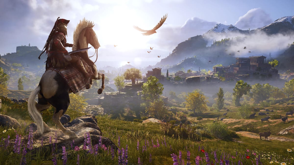 A horse rears up with a warrior astride it as they both look out over the Greek countryside in Assassin's Creed Odyssey