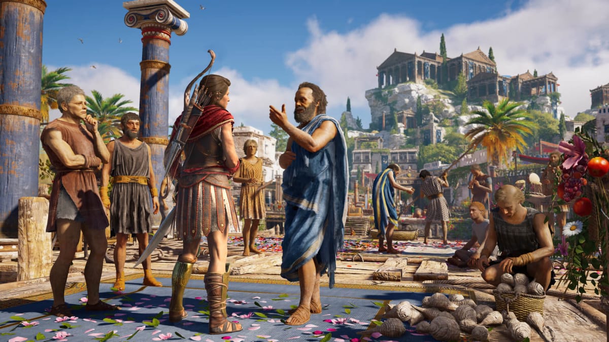 Kassandra talks to Markos while surrounded by a crowd at his vineyard in Assassin's Creed Odyssey