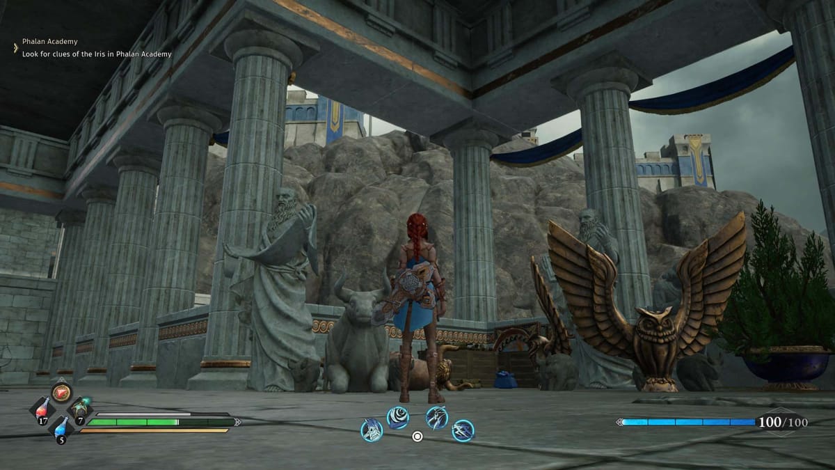 Hilda standing in a room with Greek statues in Asterigos: Curse of the Stars.