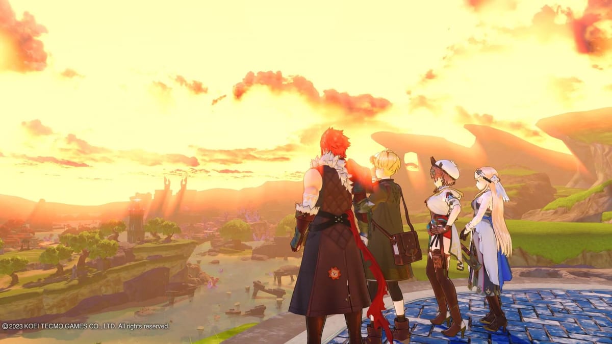 Lent, Tao, Ryza, and Claudia watching the sunset while standing on a cliff in Atelier Ryza 3 Alchemist of the End & the Secret Key.