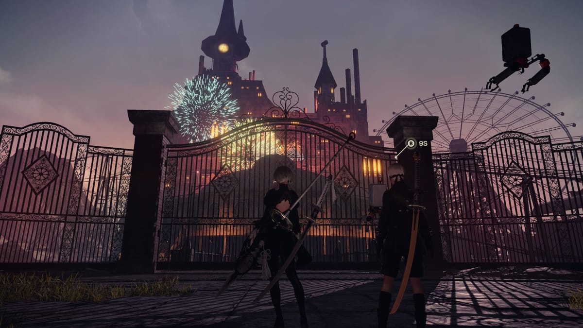 Overview of the park entrance in Nier Automata