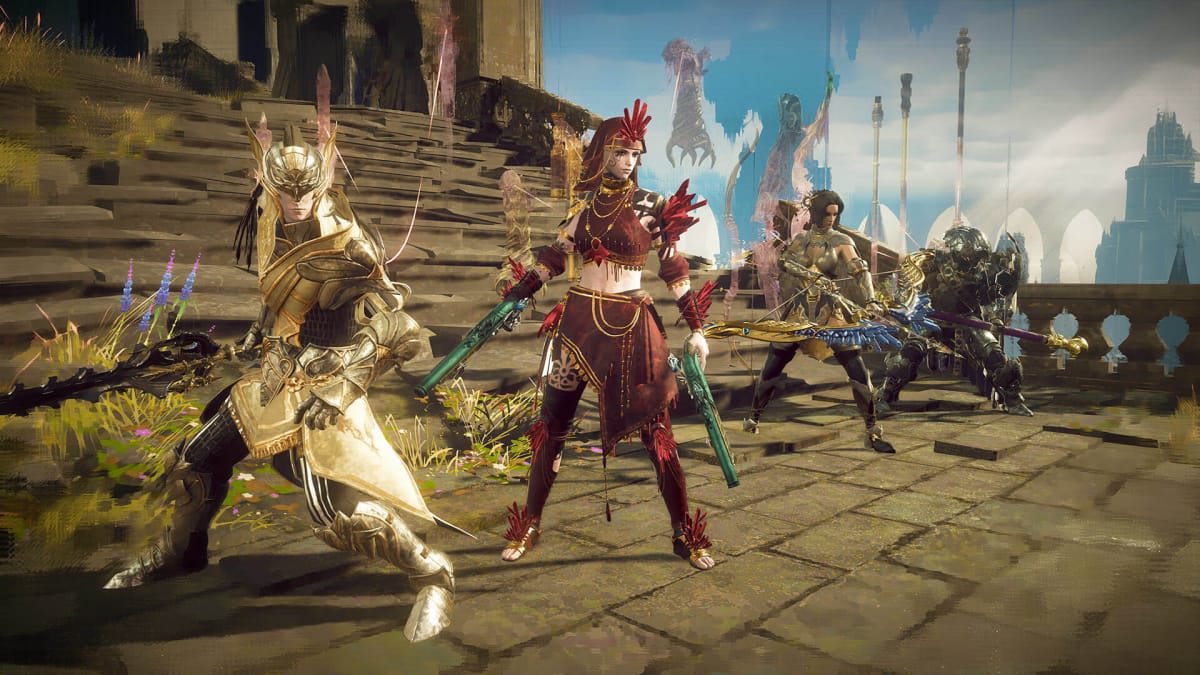 Four players standing in a line in ornate armor in Babylon's Fall