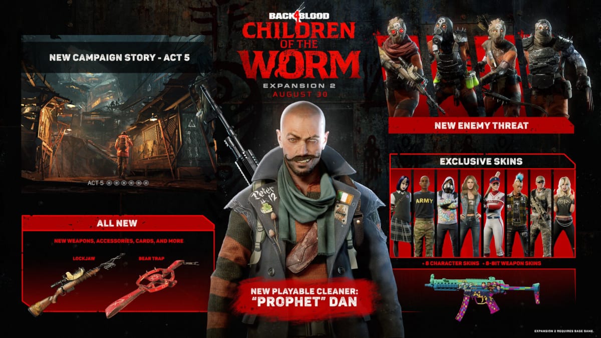 A banner showing all the content coming in the Back 4 Blood DLC Children of the Worm