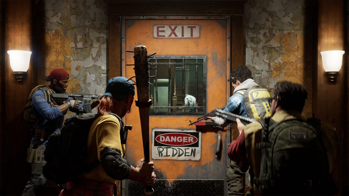 Back 4 Blood screenshot with four armed people at a door