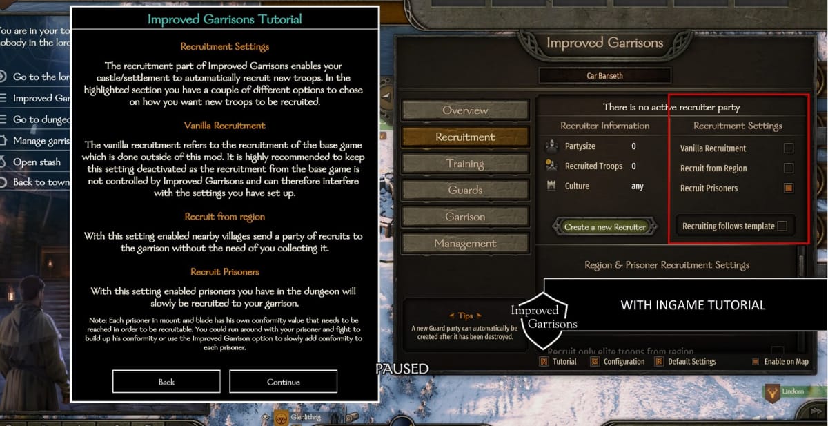 Bannerlord Steam Workshop screenshot showing the Improved Garrison mod's functionality