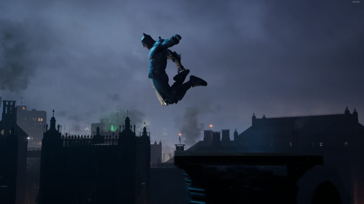 Batman suit mod where the player is performing a backward leg grab in midair as nightwing with the suit mod on