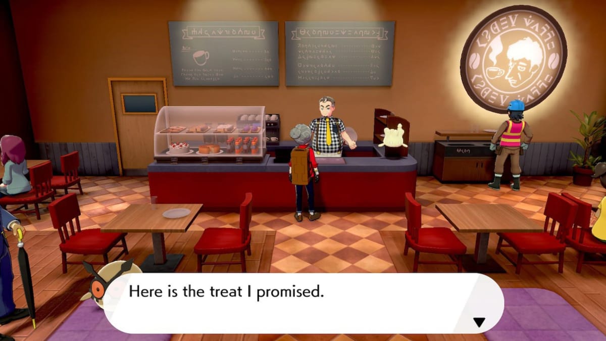 Pokemon Sword and Shield screenshot showing a cafe with several pokemon and customers standing around. 
