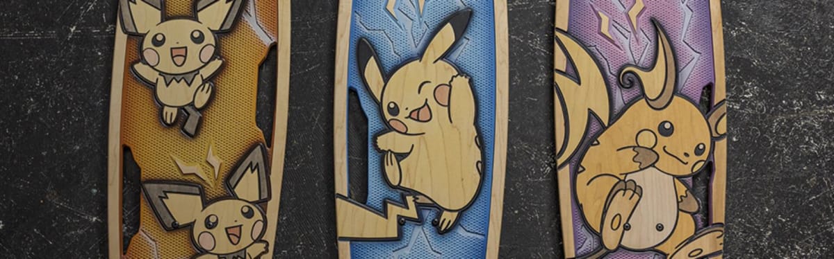 The new Pichu, Pikachu, and Raichu boards that are part of the Bear Walker Pokemon skateboard collab for 2023
