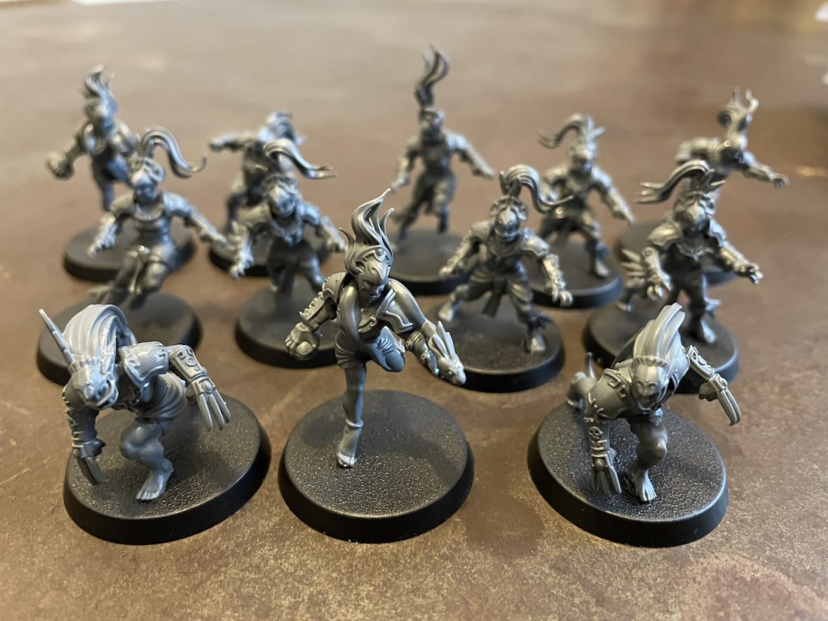 Assembled unpainted miniatures from the Blood Bowl Amazon team, assembled