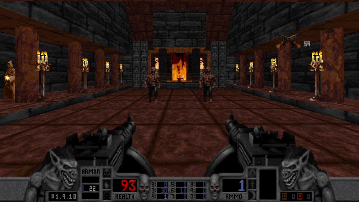 An in-game screenshot of Blood, showcasing the player character dual-wielding tommy guns while preparing to do battle with brown-robed cultists inside a cathedral.