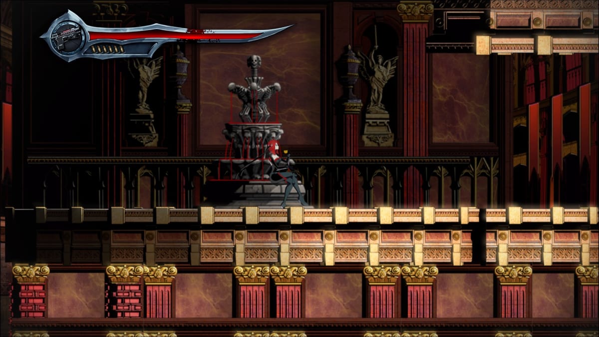 Rayne sitting at a blood fountain, drinking from a brass goblet