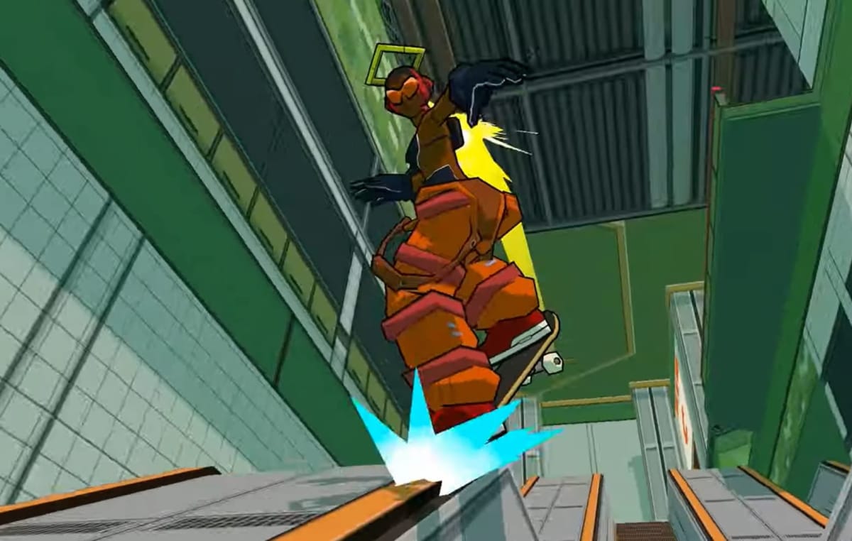  Bomb Rush Cyberfunk Delayed, screenshot in game of a character skating down a railing within what looks like a bus station 