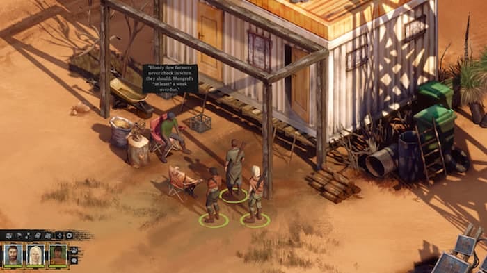 Broken Roads Gameplay screenshot of characters speaking to each other in the desert 