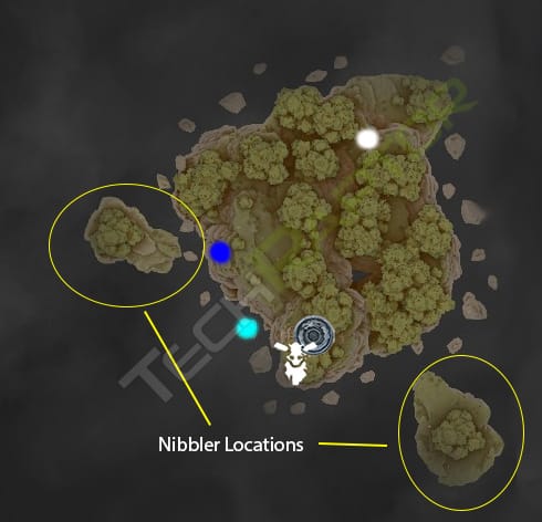 Map of Green Tag Island In Frozen Flame Broken Valley With Locations of Nibblers Circled