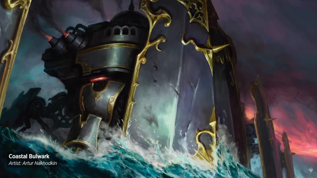Art from Brothers' War card Coastal Bulwark depicting large, mechanized creations, holding giant shields against the water