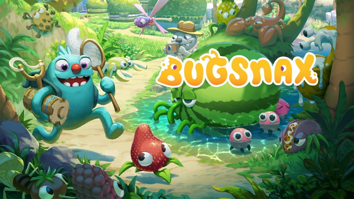 Bugsnax Header image, featuring cute little playful bugs in several colors that are snacks with big eyes running from the main character in the forest