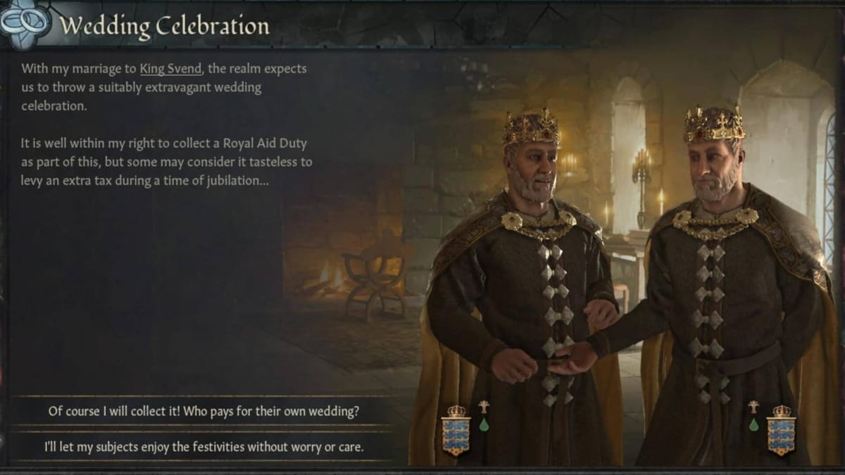 A minor bug from the Crusader Kings III same-sex marriage patch, where a king can marry themselves.