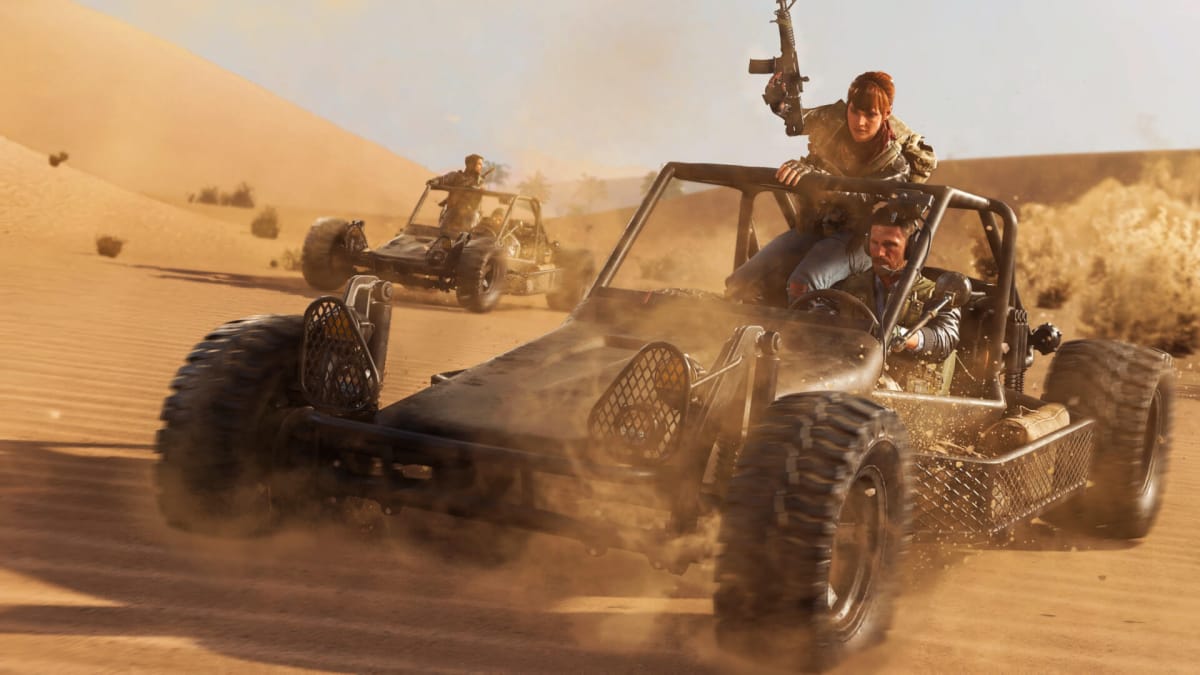 Soldiers riding in buggies across the dunes in Call of Duty: Black Ops Cold War, a game created in part by Raven Software and published by Activision Blizzard