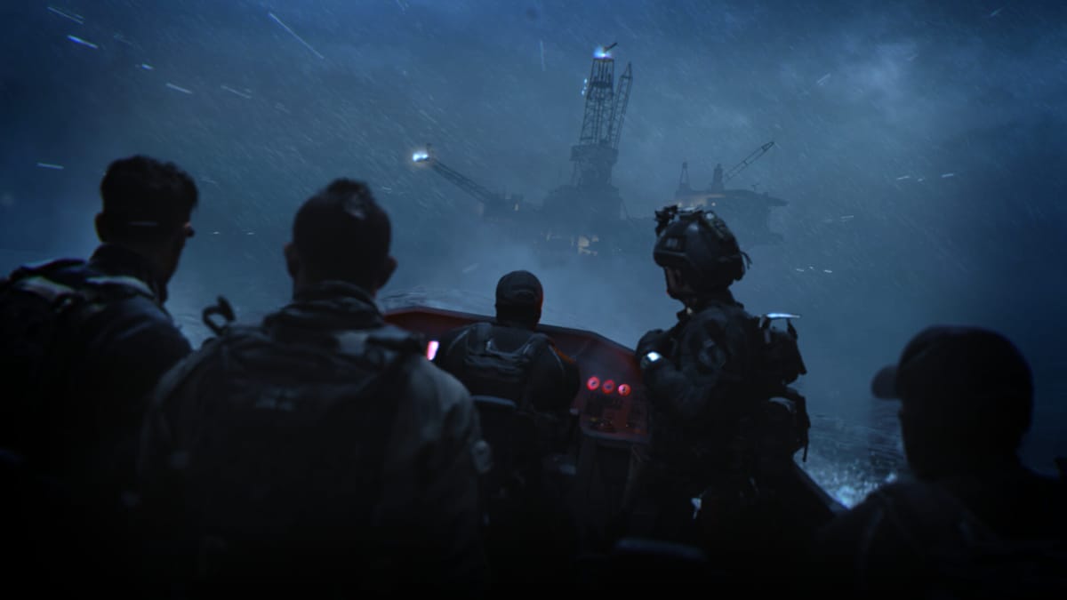 Soldiers in a boat sailing towards a facility in Call of Duty: Modern Warfare 2