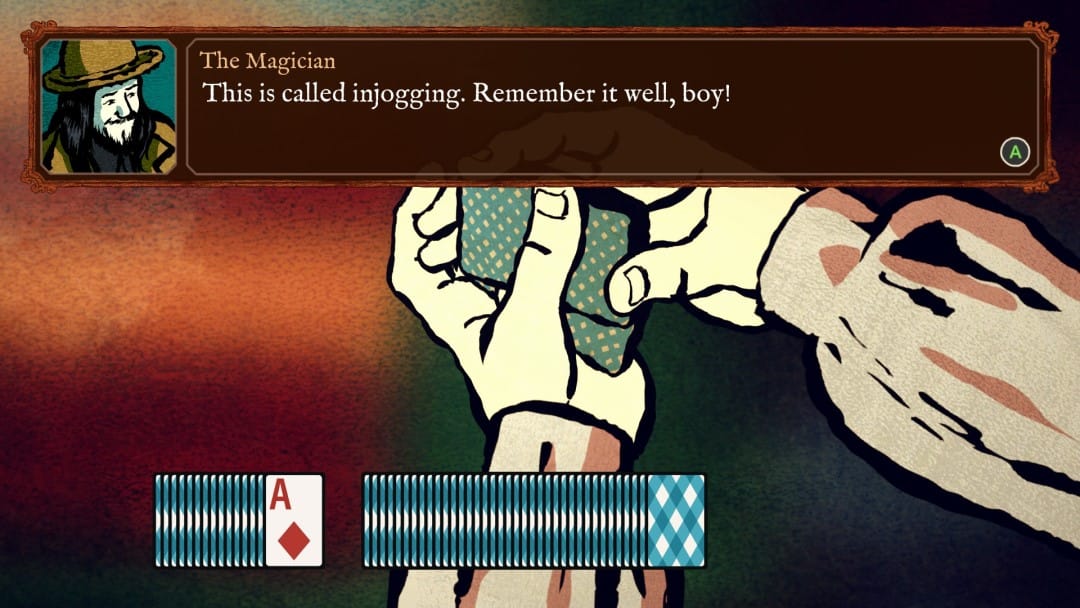 A traveling magician teaching a man a card trick