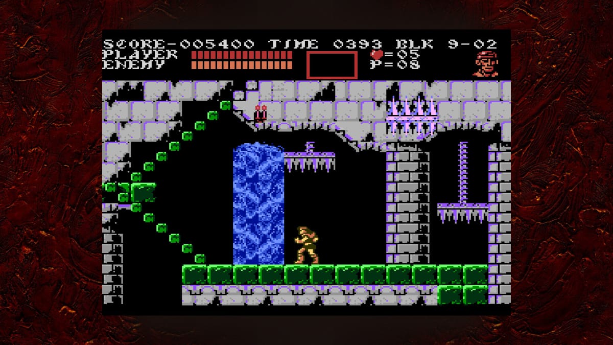 An in-game screenshot of Castlevania III: Dracula's Curse, showcasing the player character in stage 9 preparing to walk up to the next section.