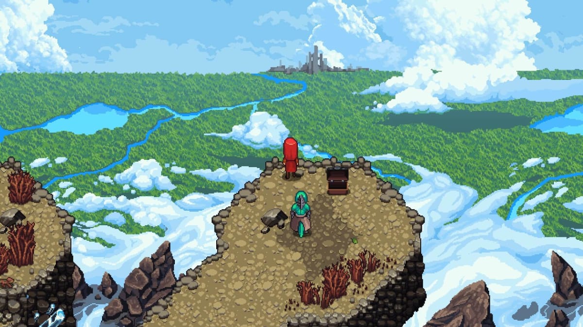 Chained Echoes screenshot showing two characters standing on a mountain beside an open chest.