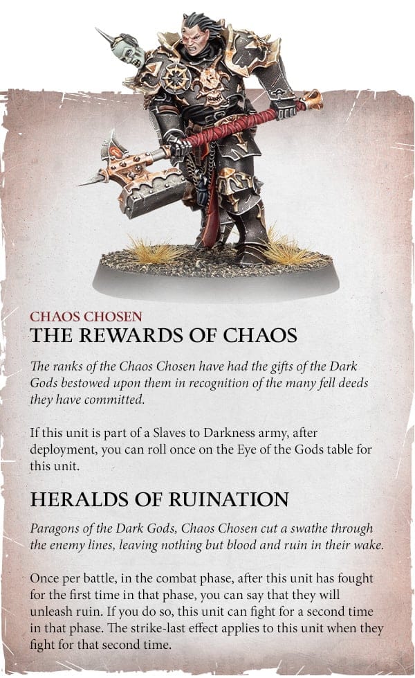 The Warhammer Slaves to Darkness Chaos Chosen model with extra rules