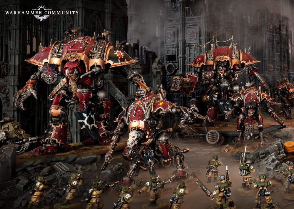 Knight Abominants and War Dogs unleash devastation in the Warhammer 40K Chaos Knights Army Box. Image: Games Workshop