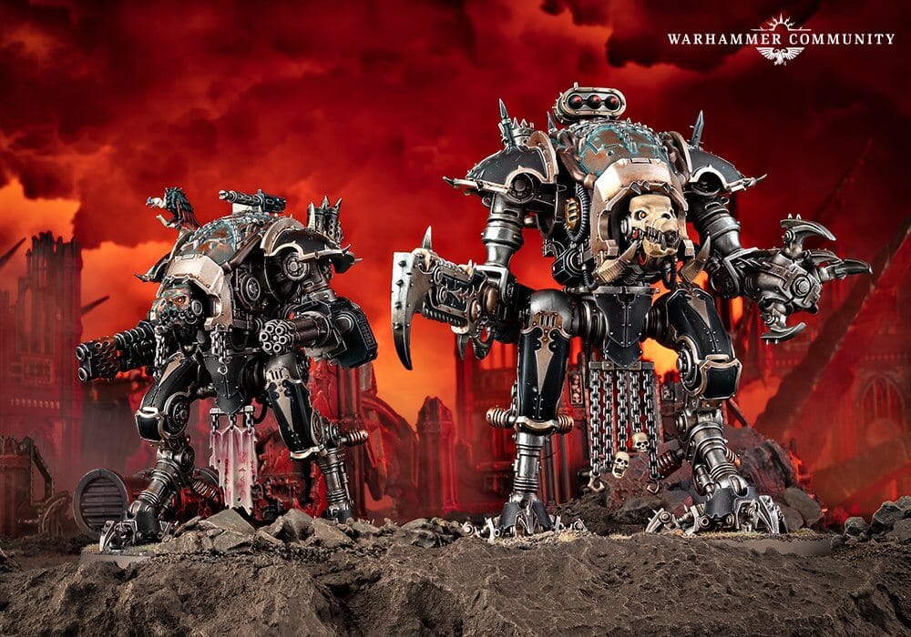 L to R: War Dog Brigand and War Dog Karnivore from the Warhammer 40K Chaos Knights Army Box. Image: Games Workshop