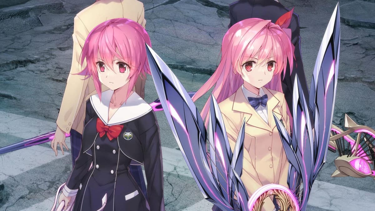 Chaos; Head Noah Banned on Steam, Screenshot of gameplay and two anime style characters, two females with pink hair, standing side by side