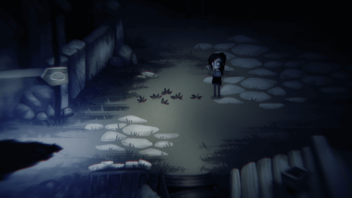 An in-game screenshot of Children of Silentown, showcasing the main character Lucy staring at a dim light while in pitch black darkness.