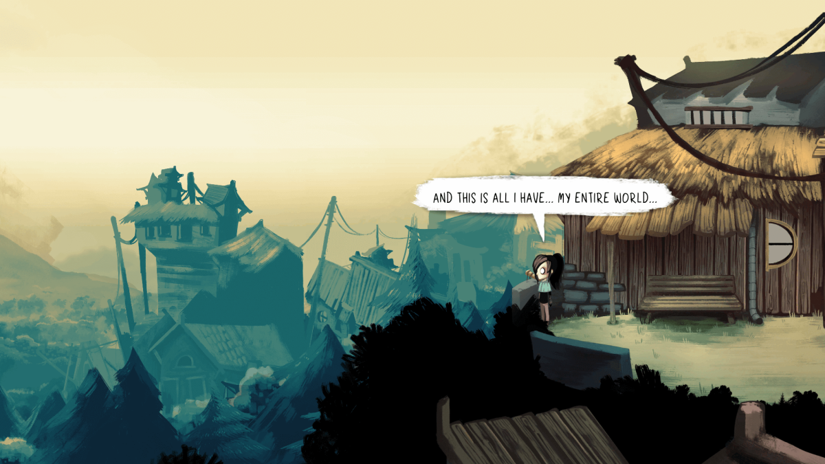 An in-game screenshot of Children of Silentown, showcasing the main character Lucy standing on the edge of a hill staring at the forest.