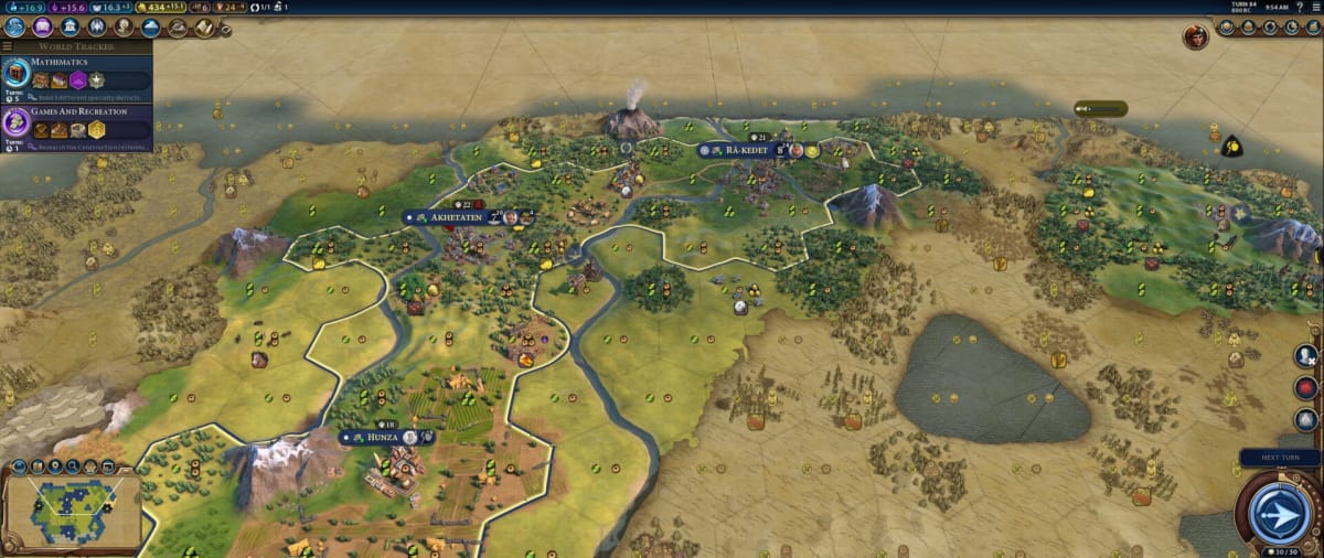 A game of Civilization 6 in progress, with several cities visible