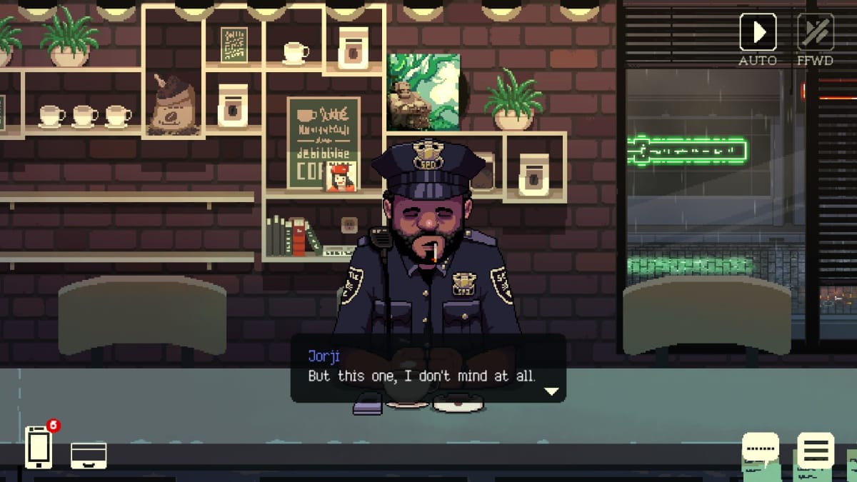 An in-game screenshot of Coffee Talk Episode 2: Hibiscus & Butterfly, showcasing the character Officer Jorji talking to the main character at night.