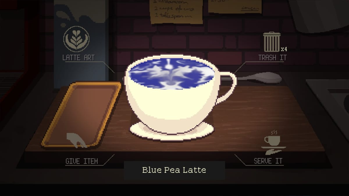 An in-game screenshot of Coffee Talk Episode 2: Hibiscus & Butterfly, showcasing a blue-coloured coffee, with latte art on top, against the backdrop of a darkened room.