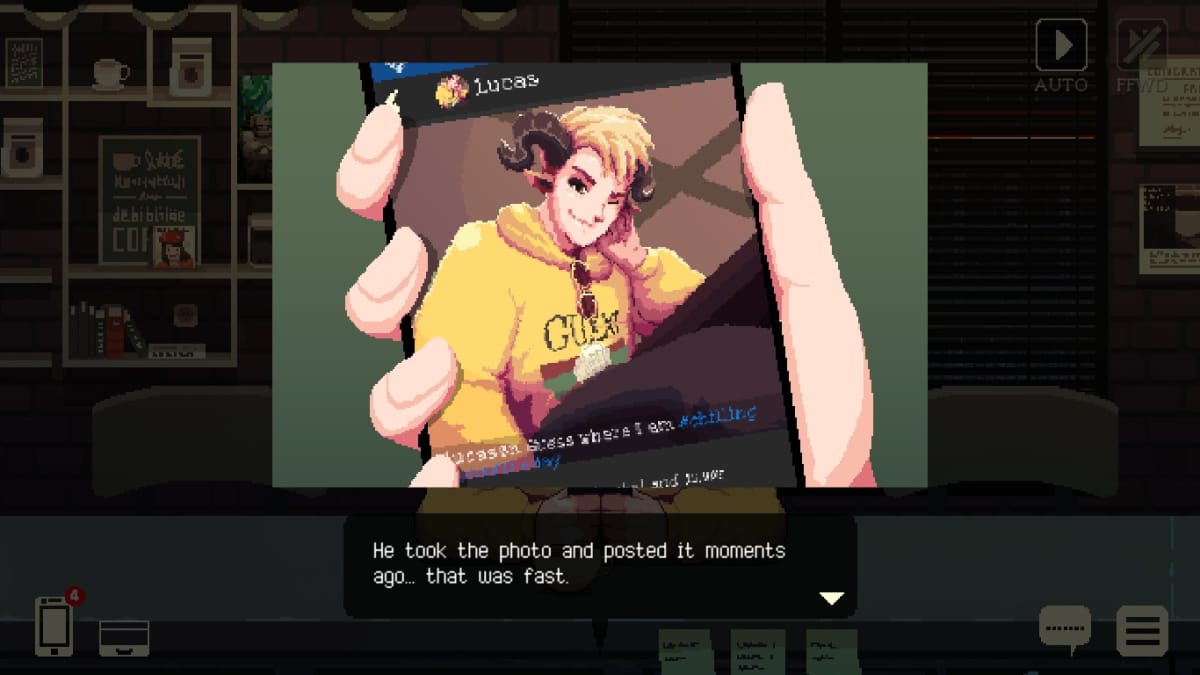 An in-game screenshot of Coffee Talk Episode 2: Hibiscus & Butterfly, showcasing the character Lucas showing the main character their phone, which shows Lucas taking a selfie for their following on a social network.