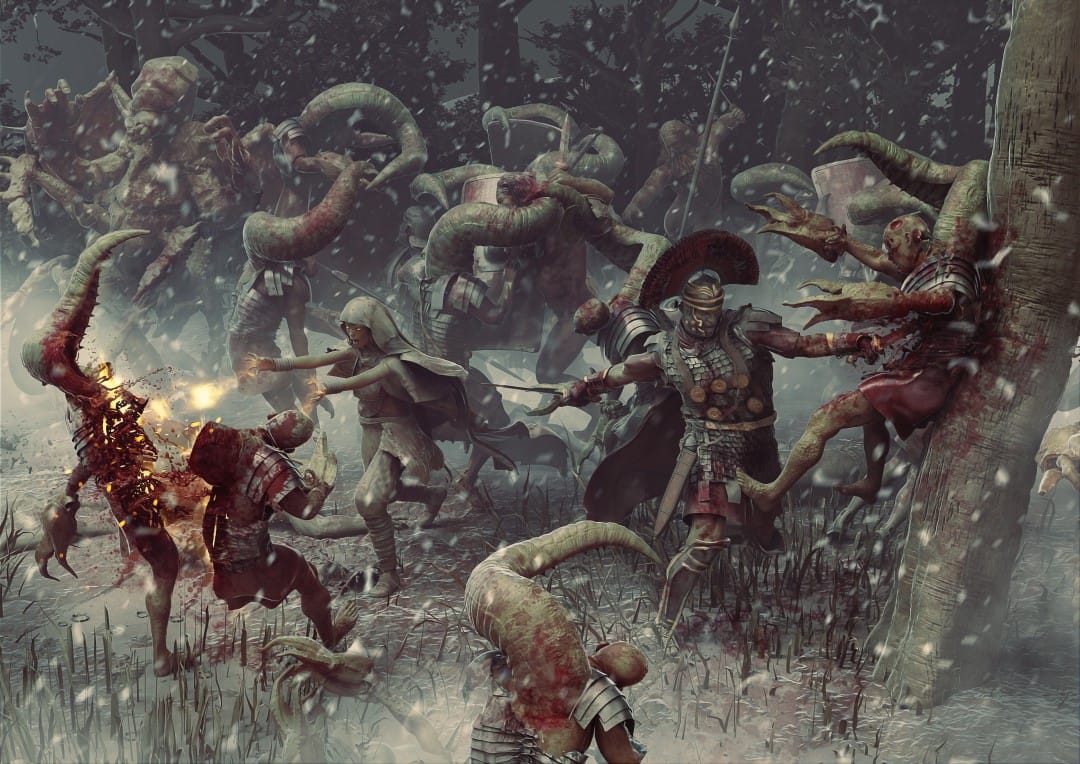 A group of gladiators fighting off tentacled monsters